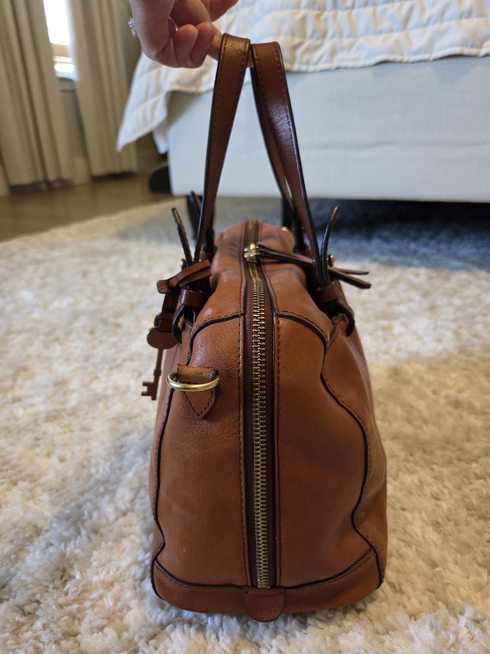 Fossil Cognac Leather Satchel with Key Charm - Picture 4 of 16
